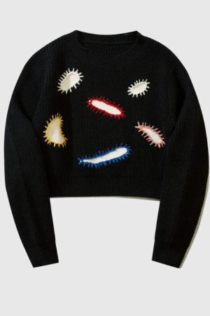 Style Core Aesthetics, New Style Trends Embroidered Patchwork Cute Short Knit Sweater