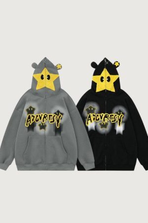 Style Core Aesthetics, New Style Trends Embroidered Print Hooded Zip-Up Sweatshirt