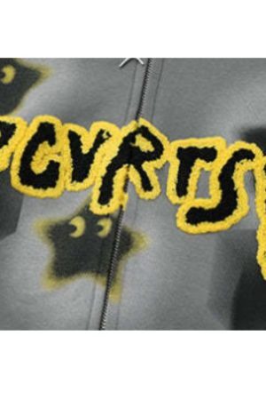 Style Core Aesthetics, New Style Trends Embroidered Print Hooded Zip-Up Sweatshirt