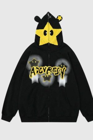 Style Core Aesthetics, New Style Trends Embroidered Print Hooded Zip-Up Sweatshirt