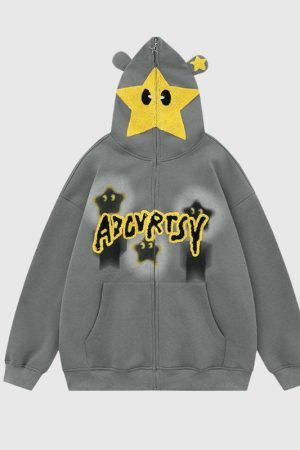 Style Core Aesthetics, New Style Trends Embroidered Print Hooded Zip-Up Sweatshirt