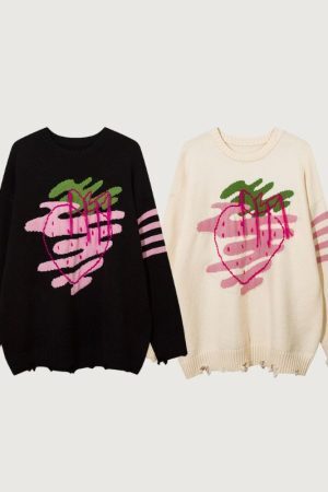 Style Core Aesthetics, New Style Trends Embroidered Strawberry Jacquard Sweater