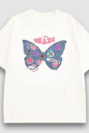 Style Core Aesthetics, New Style Trends Embroidery Butterfly Denim Patch Tee