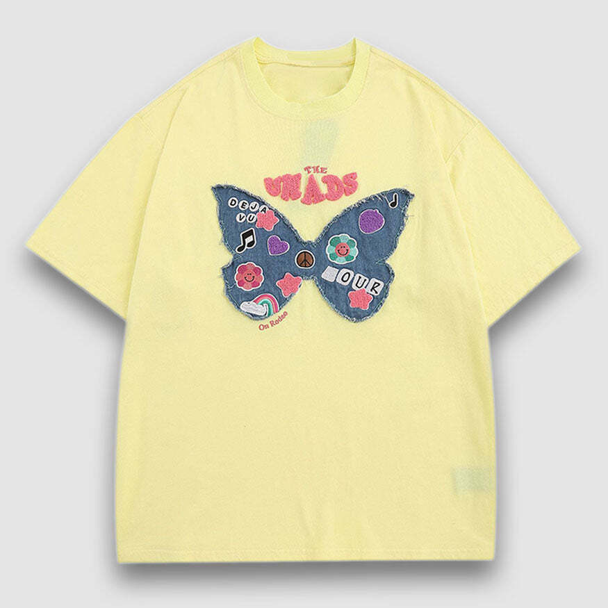 Style Core Aesthetics, New Style Trends Embroidery Butterfly Denim Patch Tee