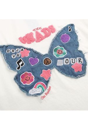 Style Core Aesthetics, New Style Trends Embroidery Butterfly Denim Patch Tee