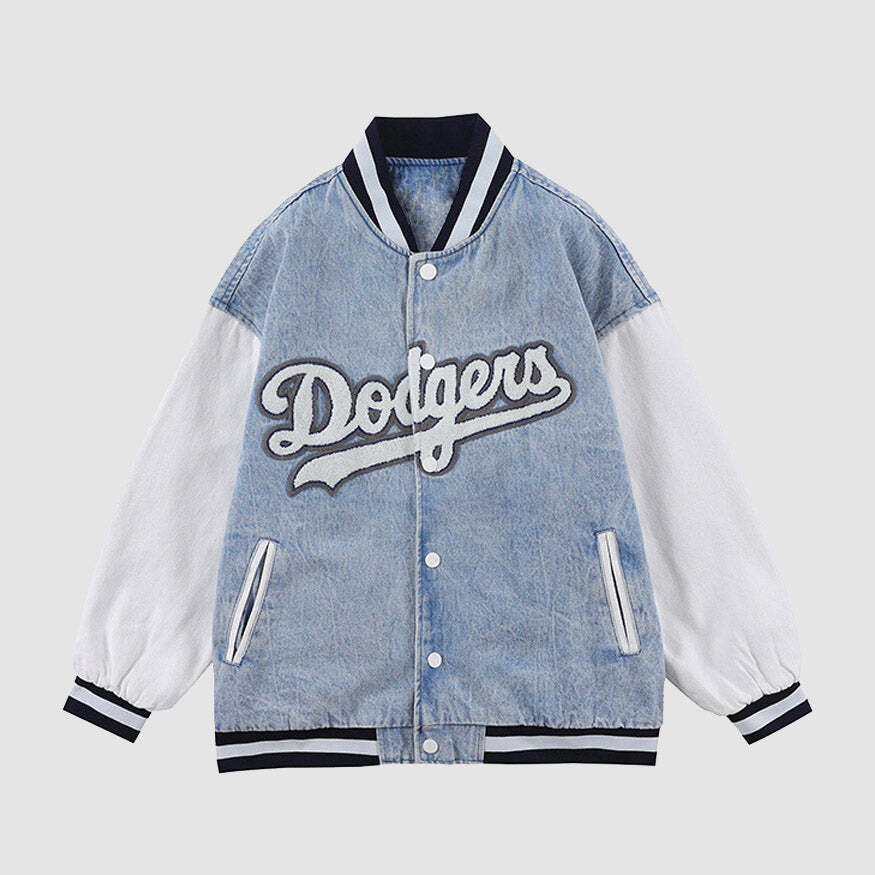 Style Core Aesthetics, New Style Trends Embroidery Patchwork Denim Baseball Jacket