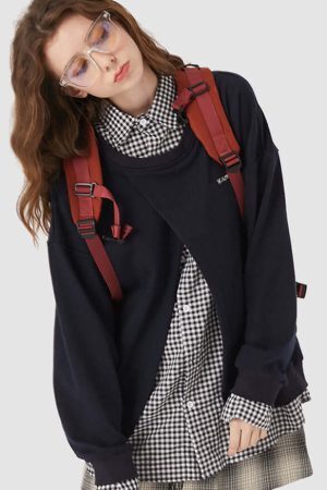 Style Core Aesthetics, New Style Trends Faux Layered Checkered Collared Sweatshirt