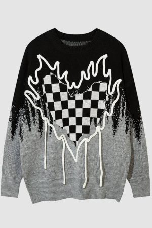 Style Core Aesthetics, New Style Trends Flame Checkerboard Heart Pattern Sweater