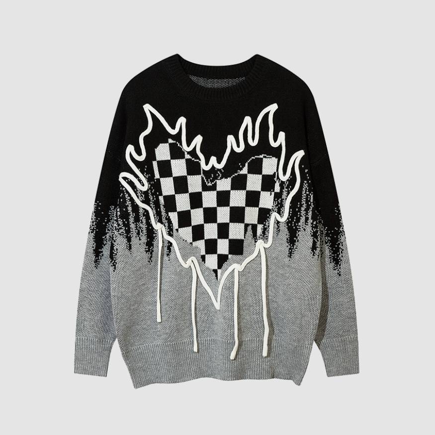Style Core Aesthetics, New Style Trends Flame Checkerboard Heart Pattern Sweater