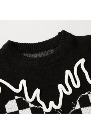Style Core Aesthetics, New Style Trends Flame Checkerboard Heart Pattern Sweater