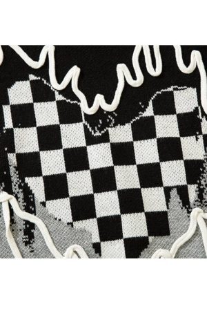 Style Core Aesthetics, New Style Trends Flame Checkerboard Heart Pattern Sweater