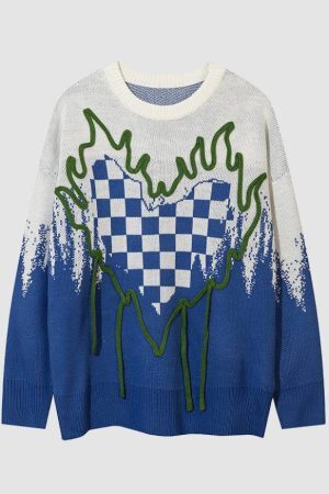 Style Core Aesthetics, New Style Trends Flame Checkerboard Heart Pattern Sweater