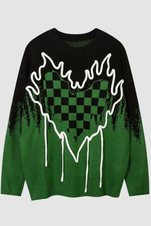 Style Core Aesthetics, New Style Trends Flame Checkerboard Heart Pattern Sweater