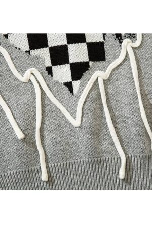 Style Core Aesthetics, New Style Trends Flame Checkerboard Heart Pattern Sweater