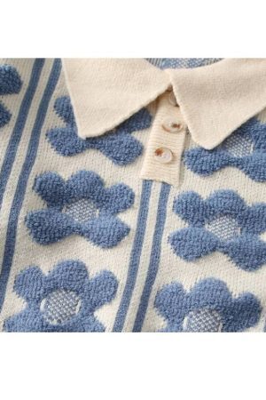 Style Core Aesthetics, New Style Trends Floral Pattern Polo-Collar Sweater