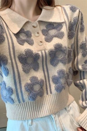 Style Core Aesthetics, New Style Trends Floral Pattern Polo-Collar Sweater