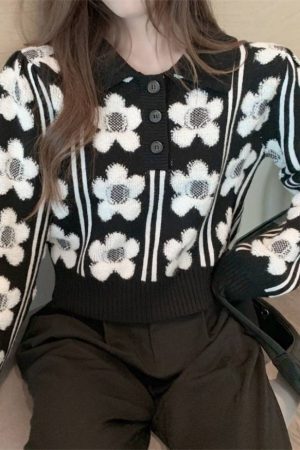 Style Core Aesthetics, New Style Trends Floral Pattern Polo-Collar Sweater