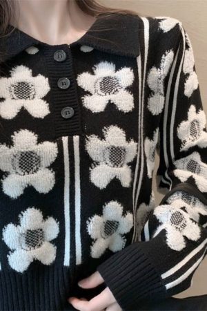 Style Core Aesthetics, New Style Trends Floral Pattern Polo-Collar Sweater