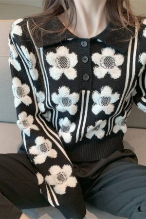 Style Core Aesthetics, New Style Trends Floral Pattern Polo-Collar Sweater