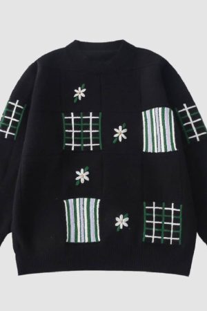 Style Core Aesthetics, New Style Trends Flower Embroidered Check Jacquard Sweater