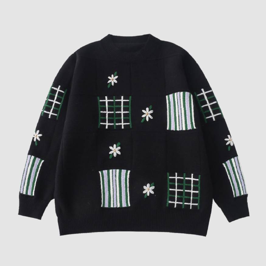 Style Core Aesthetics, New Style Trends Flower Embroidered Check Jacquard Sweater