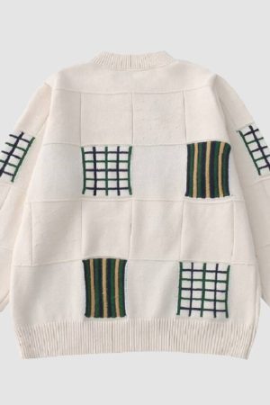 Style Core Aesthetics, New Style Trends Flower Embroidered Check Jacquard Sweater