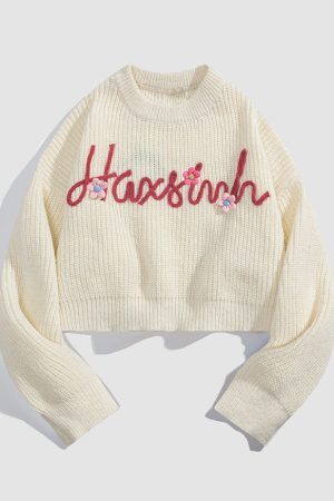 Style Core Aesthetics, New Style Trends Flower & Letter Pattern Cropped Sweater