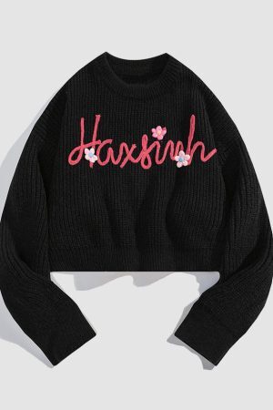 Style Core Aesthetics, New Style Trends Flower & Letter Pattern Cropped Sweater