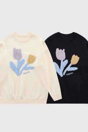 Style Core Aesthetics, New Style Trends Flower Pattern Embroidered Pullover