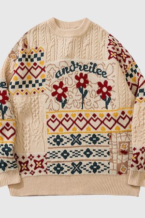 Style Core Aesthetics, New Style Trends Flower Pattern Stitching Knit Pullover