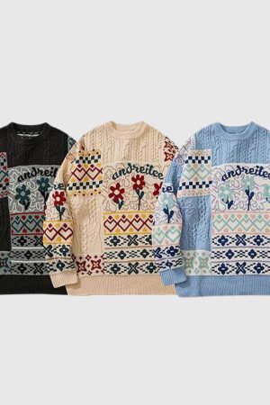 Style Core Aesthetics, New Style Trends Flower Pattern Stitching Knit Pullover