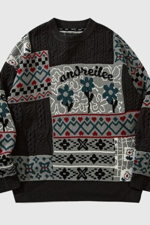 Style Core Aesthetics, New Style Trends Flower Pattern Stitching Knit Pullover