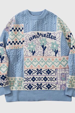 Style Core Aesthetics, New Style Trends Flower Pattern Stitching Knit Pullover