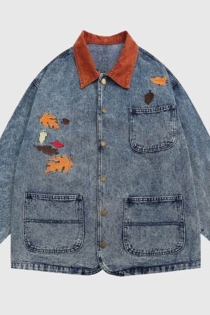 Style Core Aesthetics, New Style Trends Foliage Embroidered Multi-Pocket Denim Jacket