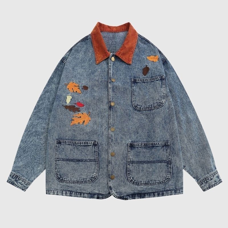 Style Core Aesthetics, New Style Trends Foliage Embroidered Multi-Pocket Denim Jacket