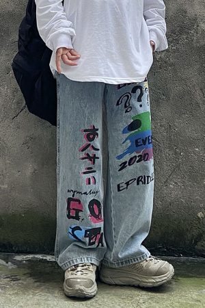 Style Core Aesthetics, New Style Trends Funny Graffiti Straight-Leg Jeans