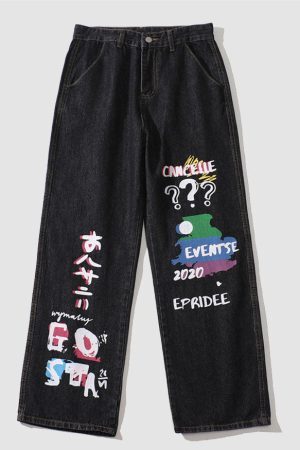 Style Core Aesthetics, New Style Trends Funny Graffiti Straight-Leg Jeans