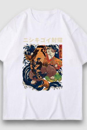 Style Core Aesthetics, New Style Trends Goldfish & Cat Illustration Print Tee