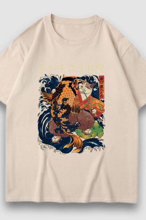 Style Core Aesthetics, New Style Trends Goldfish & Cat Illustration Print Tee