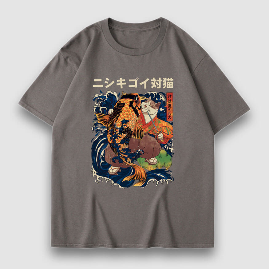 Style Core Aesthetics, New Style Trends Goldfish & Cat Illustration Print Tee