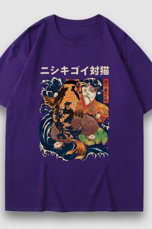 Style Core Aesthetics, New Style Trends Goldfish & Cat Illustration Print Tee