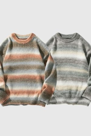 Style Core Aesthetics, New Style Trends Gradient Stripe Patchwork Knit Pullover