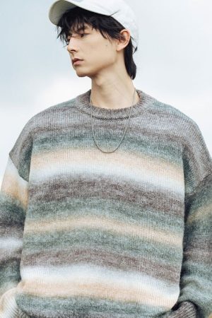 Style Core Aesthetics, New Style Trends Gradient Stripe Patchwork Knit Pullover