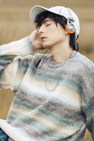 Style Core Aesthetics, New Style Trends Gradient Stripe Patchwork Knit Pullover