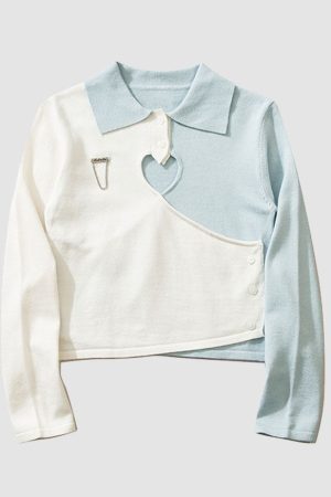 Style Core Aesthetics, New Style Trends Heart Hollow Out Lapel Knit Crop Top