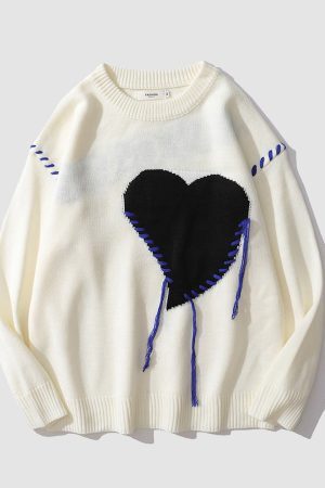 Style Core Aesthetics, New Style Trends Heart Patch Embroidery Print Sweater