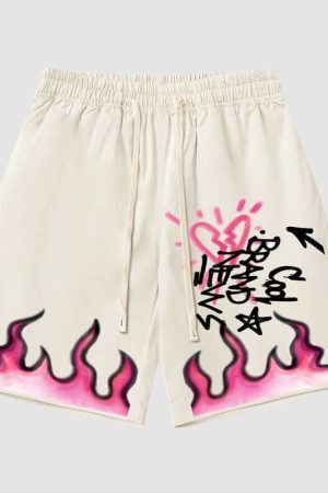 Style Core Aesthetics, New Style Trends Hip Hop Flame Print Shorts