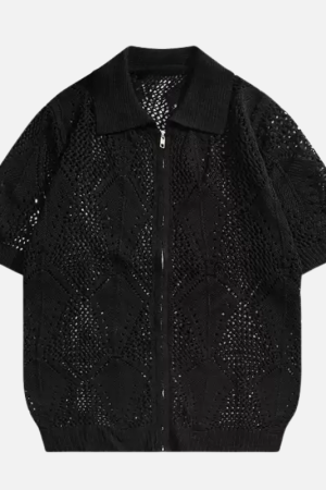 Style Core Aesthetics, New Style Trends Hollow-Out Zip-Up Knit Polo