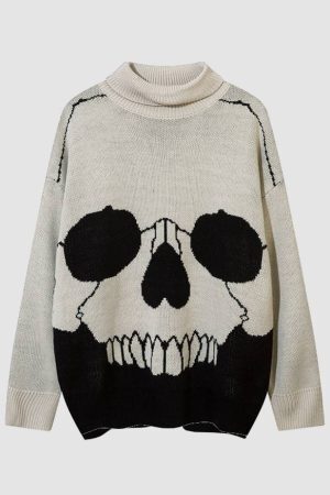Style Core Aesthetics, New Style Trends Horrible Skull Print Turtleneck Sweater