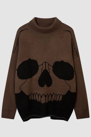 Style Core Aesthetics, New Style Trends Horrible Skull Print Turtleneck Sweater